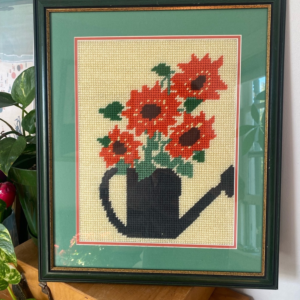 Vintage Framed Needlepoint Flower Art